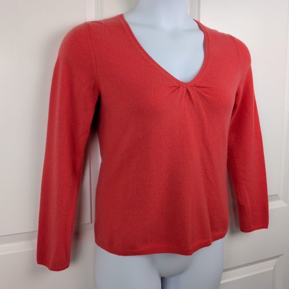 Quiet Luxury Pure Cashmere V-Neck Ruched Sweater Coral Pink Orange Small Talbots